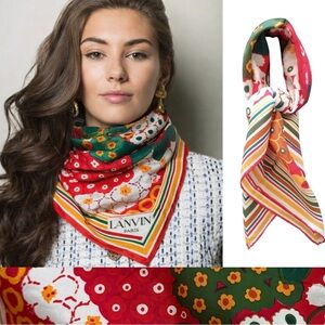 Lanvin Silk Vibrant Floral Handkerchief Square Scarf Multicolor Vintage
